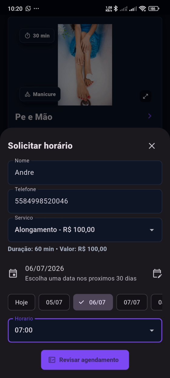 Tela de solicitar horário no app