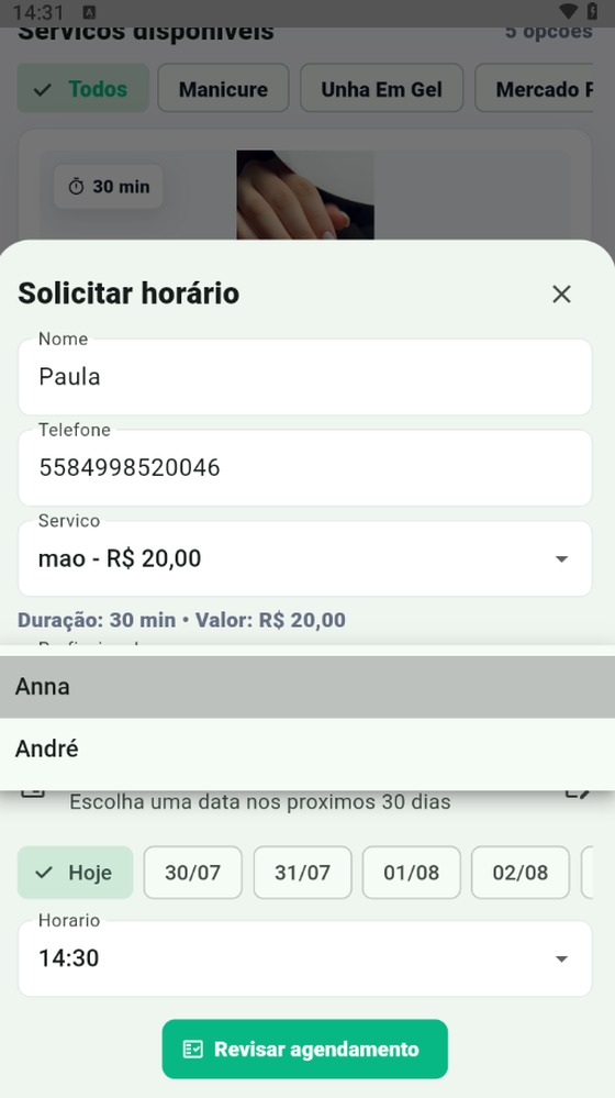 Tela do cliente escolhendo profissional