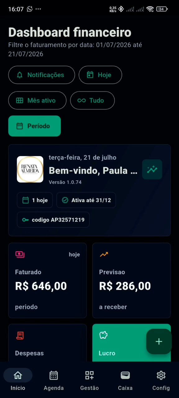 Painel financeiro do Agenda Bom mostrando faturamento e previsão de recebimento
