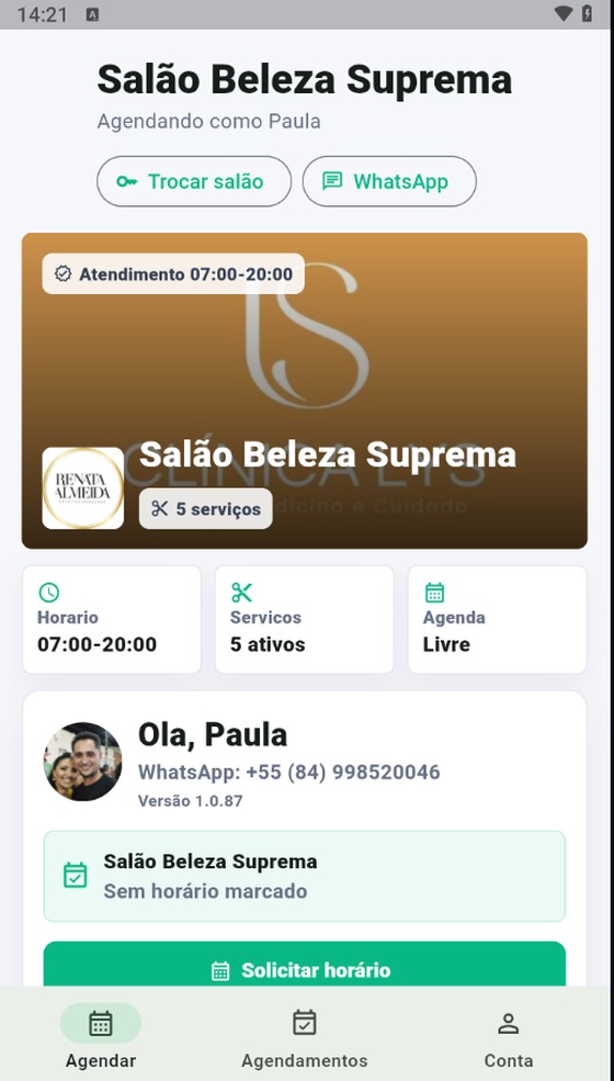 Tela inicial do salão no app
