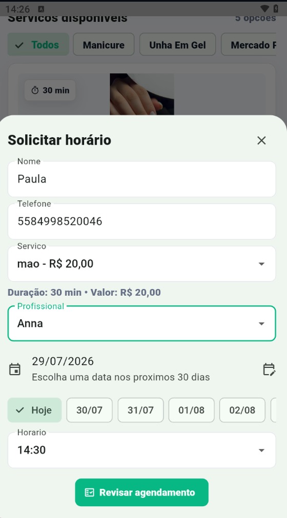 Tela do cliente com profissional selecionada