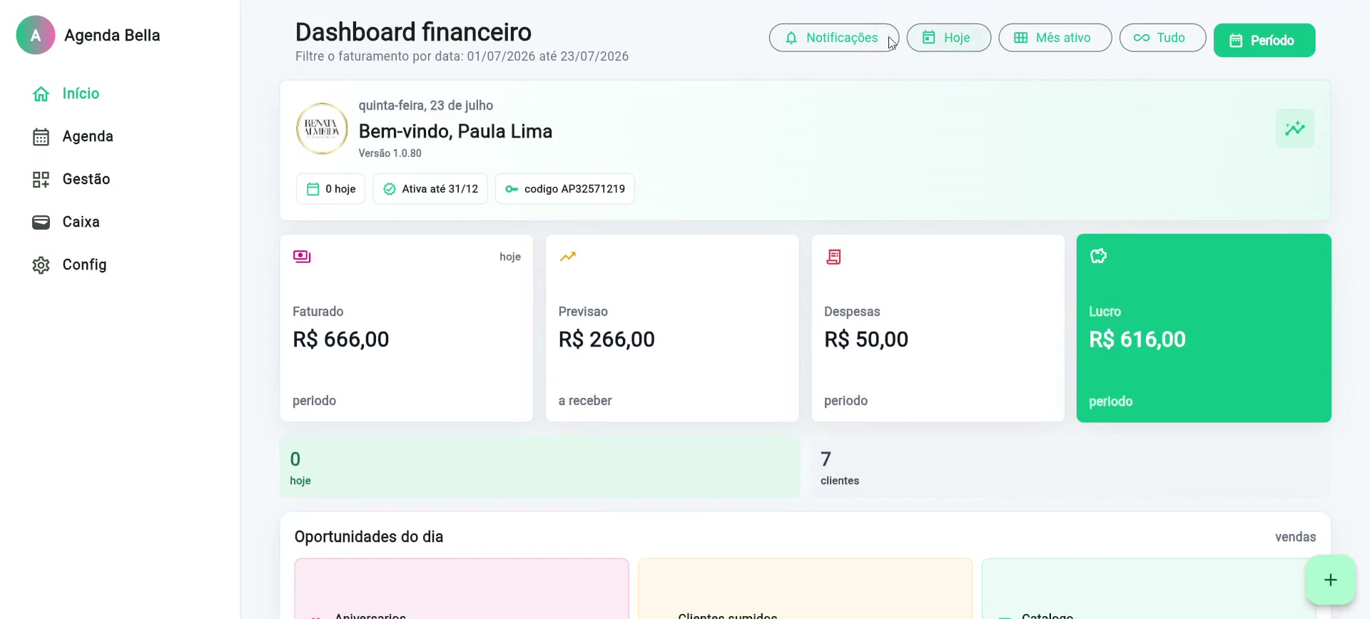 Painel financeiro do Agenda Bom funcionando no navegador do computador
